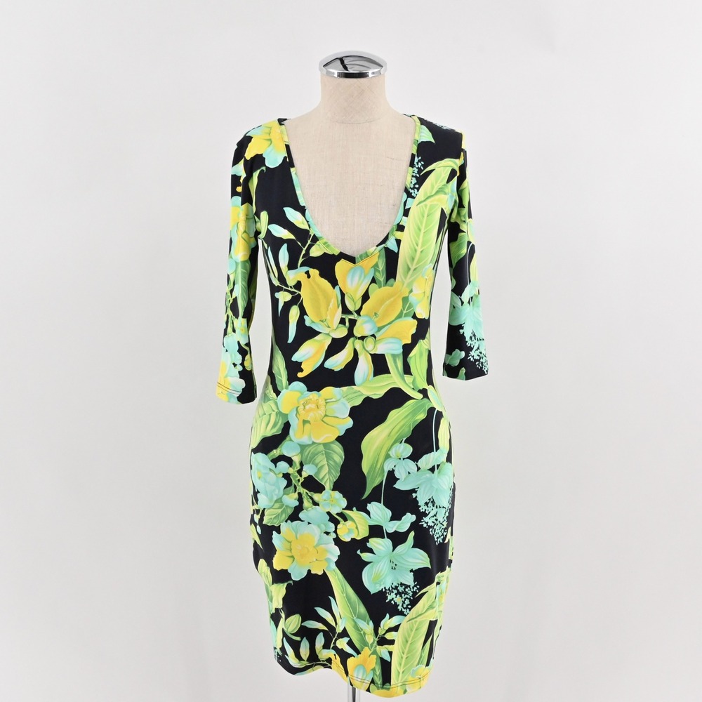 Manuel Canovas Tropical Floral Dress Womens Size S Black Yellow France Bodycon